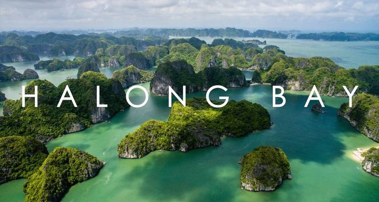 Aerial view of Halong Bay with text overlay.