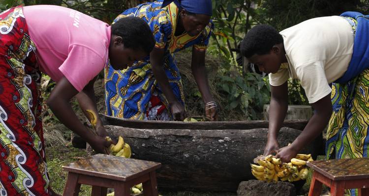 Drei Personen in traditioneller Kleidung bereiten Bananen zu.
