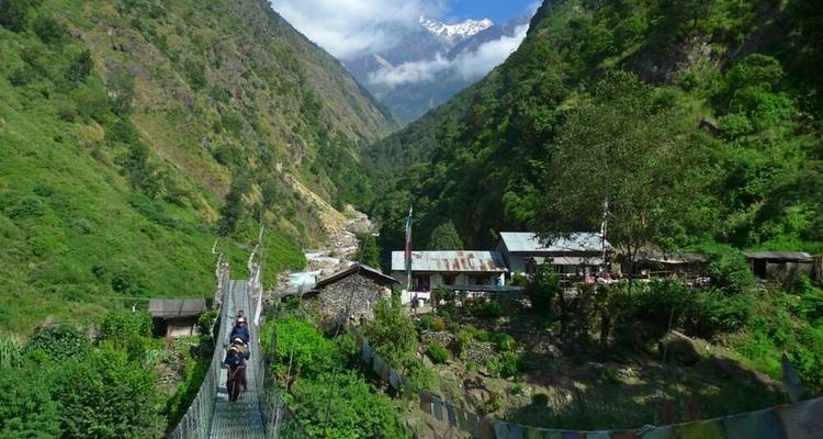 Des gens traversent un pont suspendu dans une vallée verdoyante.