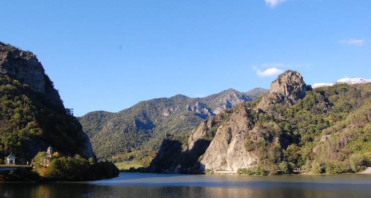 Mountain lake surrounded by rocky landscape.