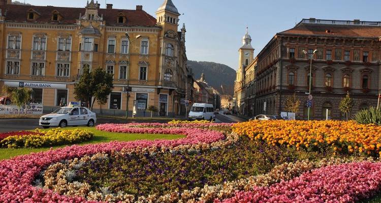 Colorful flower arrangement in the city square with historic buildings.