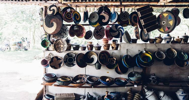 Traditional woven baskets on display in a shop.