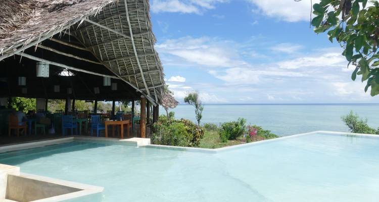 Infinity pool overlooking the ocean with a thatched roof restaurant.