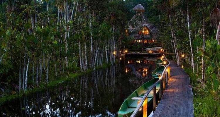 Remote jungle lodge with a wooden walkway and canoes.
→ Abgelegene Dschungel-Lodge mit einem hölzernen Steg und Kanus.