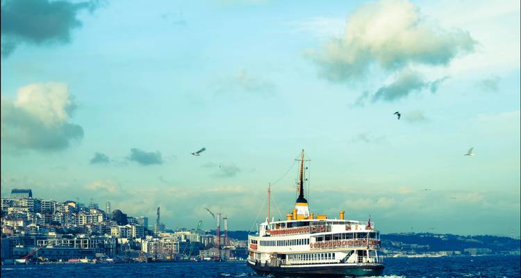 Passenger ferry on a body of water with cityscape in the background.