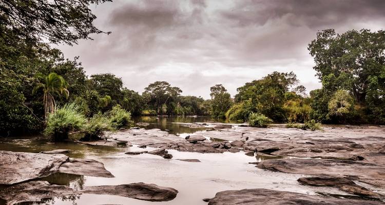 Rotsachtige rivierbedding met water dat stroomt tussen weelderige vegetatie.
