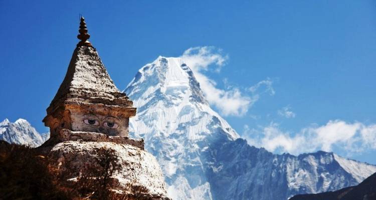 Stupa with piercing eyes against a snowy mountain background.