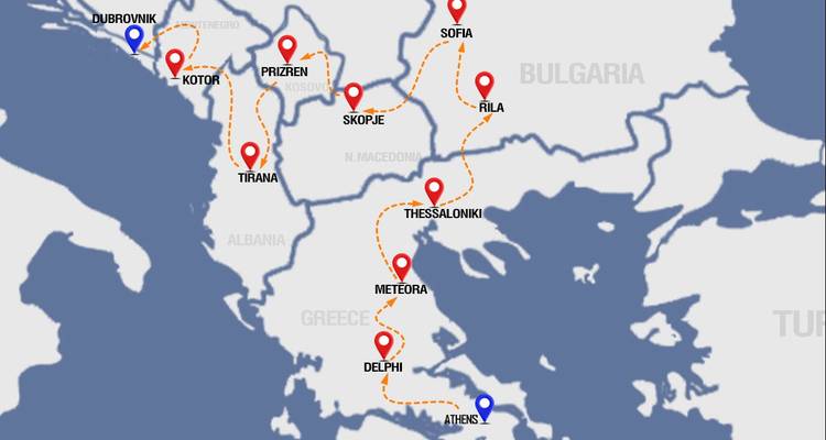 Carte montrant un itinéraire à travers diverses villes.