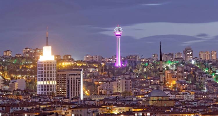 Vista panorámica de una ciudad con una torre que brilla en la noche.