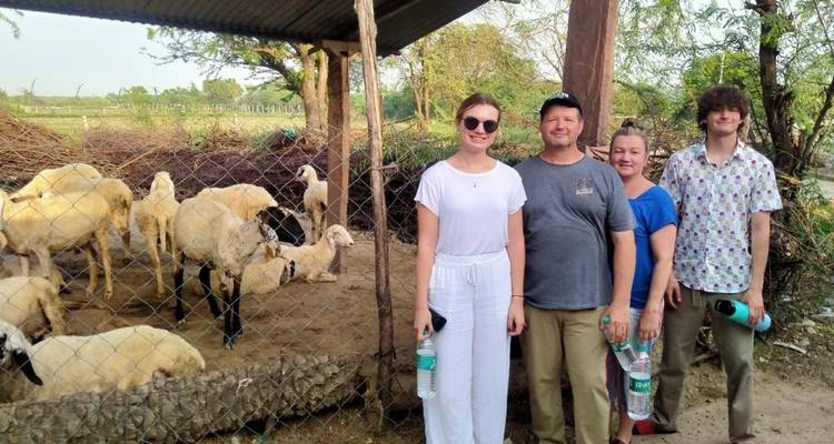 Groep mensen die poseren voor schapen in een hok.