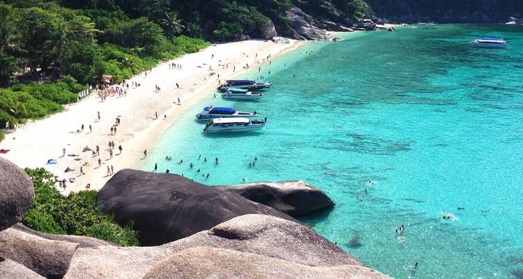 Menschen genießen einen sonnigen Tag am Strand mit vielen Booten im Hafen.
