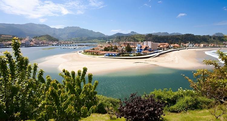 Pueblo costero con exuberante vegetación y playa de arena.