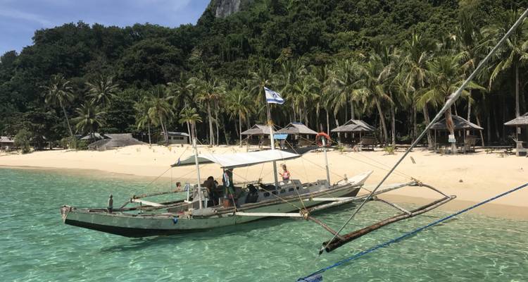 Barco tradicional atracado en una playa con palmeras y cabañas.