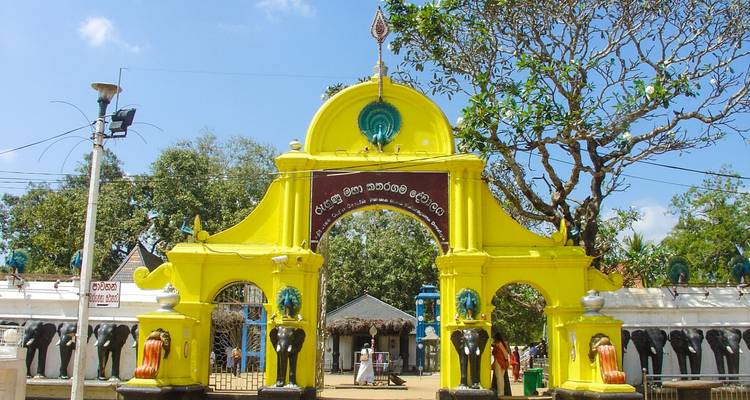 Strahlend gelb bemalter Torbogen mit Elefantenstatuen.