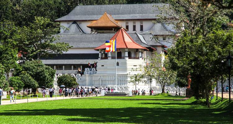 Weißer Tempel mit bunten Fahnen, umgeben von üppigem Grün.