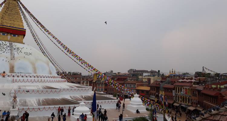Weitläufige Ansicht des Boudhanath Stupa, geschmückt mit Gebetsfahnen, mit Blick auf lebhafte Dächer und Besucher