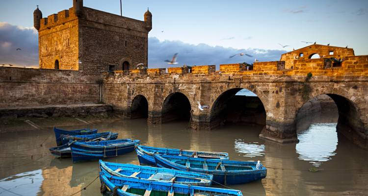 Boats in a harbor with a historical fort in the background.