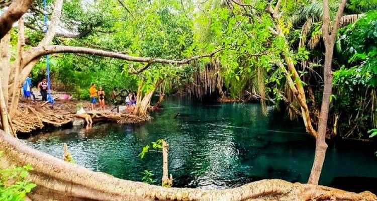 People enjoying a natural water pool in a forested area.