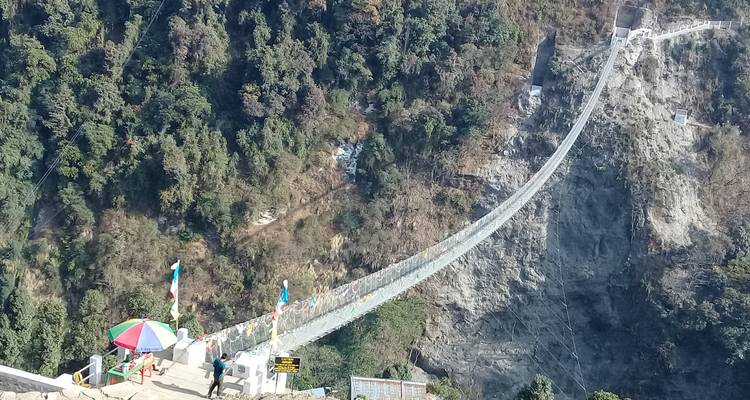 Pont suspendu enjambant une gorge profonde.