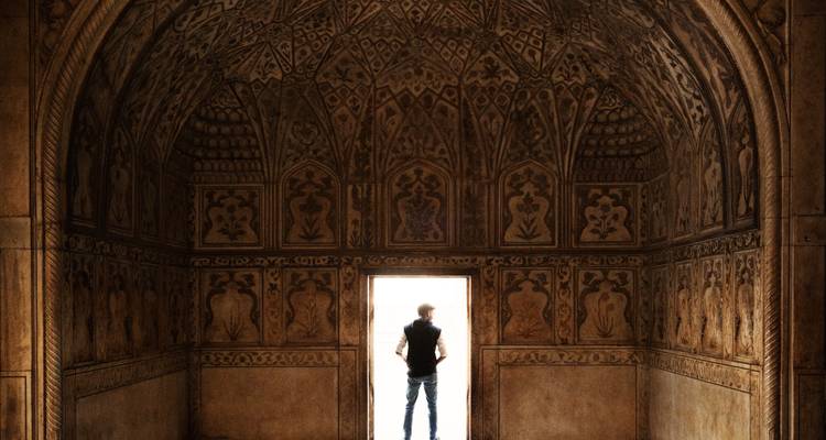 Person standing inside an ornately carved stone room.