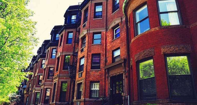 Row of historic brick townhouses with lush greenery under a clear sky.
