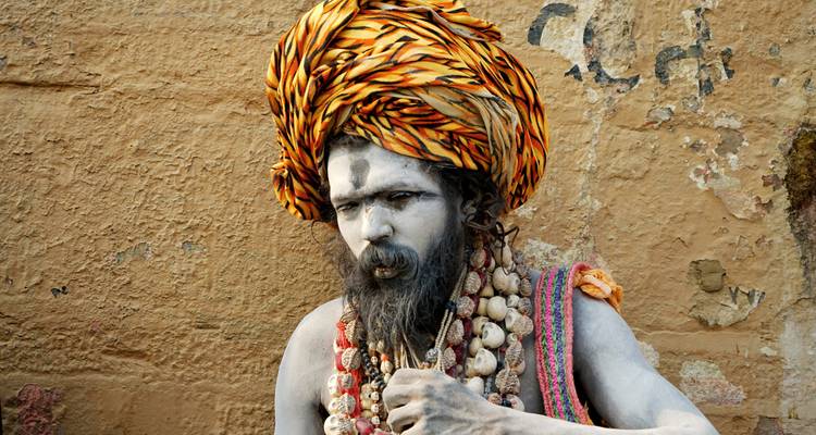 A portrait of a sadhu with traditional paint and attire.