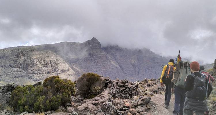 Grupo de senderismo en un sendero rocoso hacia las montañas.