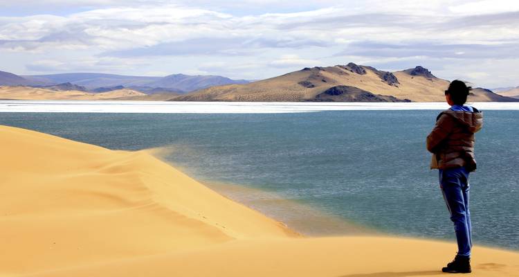 Person looking at a desert lake surrounded by sand dunes.