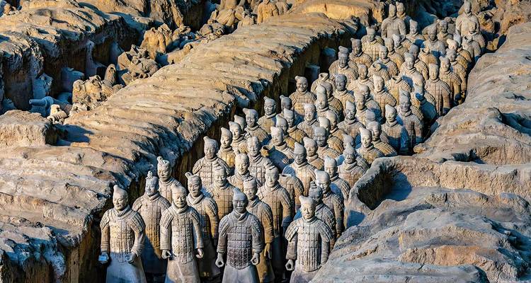 Vue panoramique de guerriers en terre cuite densément serrés debout dans des fosses en terre illuminées par une lumière douce.