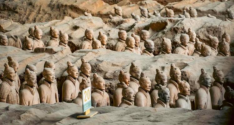 Filas de Soldados de Terracota parcialmente restaurados emergen de una tierra de color claro con postes marcadores numerados.