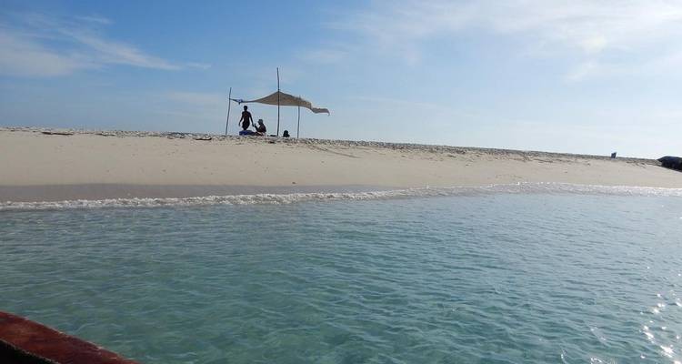 Una playa de arena con una pequeña sombrilla y personas disfrutando de su tiempo libre.