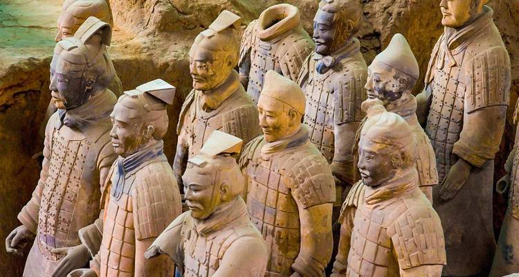 Close view of meticulously lined ranks of Terracotta Warriors within the excavation pit at Xi’an.