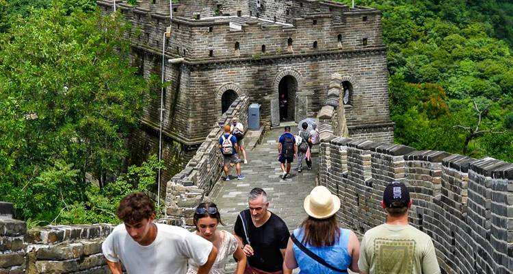 Les visiteurs montent un escalier en pierre escarpé sur une section forestière de la Grande Muraille.