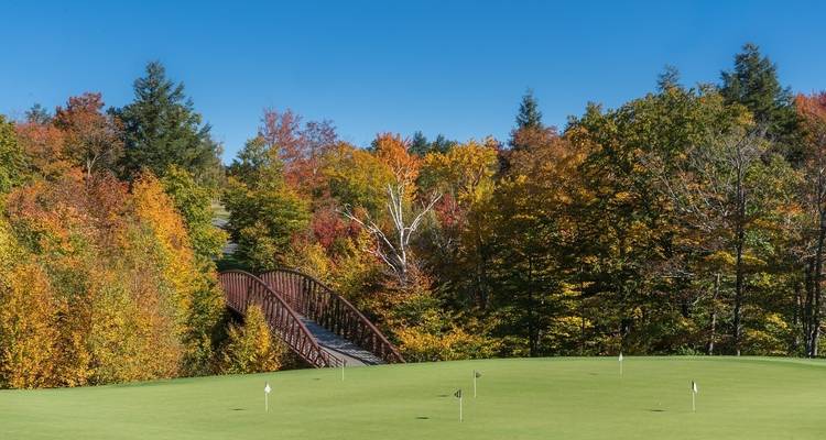 Golf course with autumn foliage and a wooden bridge.