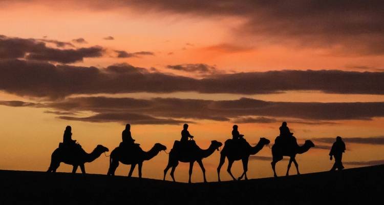 Silhouetten von Kamelen und Reitern bei Sonnenuntergang in der Wüste.