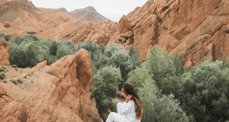 Personne assise sur des rochers avec des arbres et des falaises dans un paysage désertique.