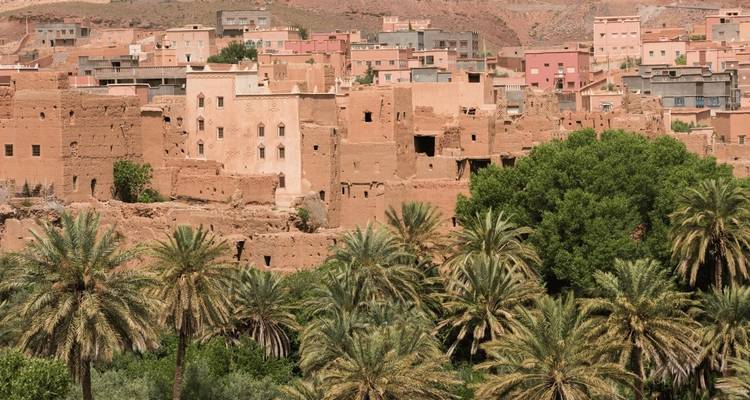 Village traditionnel en briques de terre crue avec palmiers et paysage désertique environnant.
