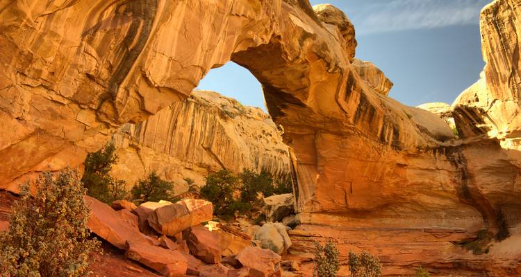 Natuurlijke zandstenen boog overspant ruig rood rotslandschap en woestijnstruikgewas onder heldere blauwe luchten.