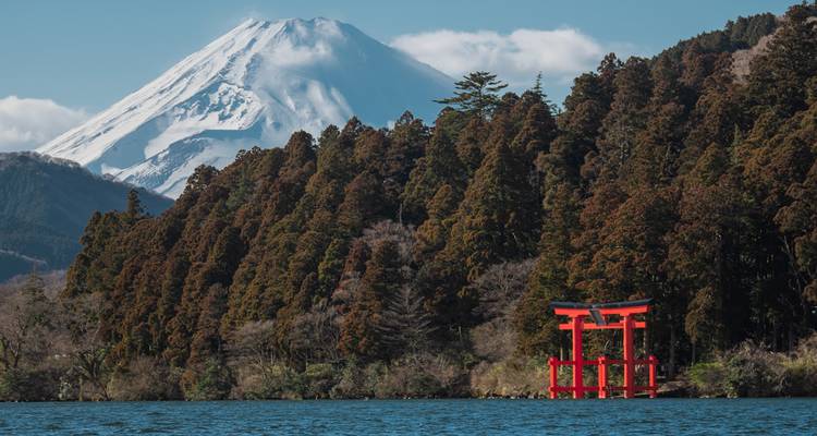 Puerta torii situada frente a un lago con el monte Fuji al fondo.