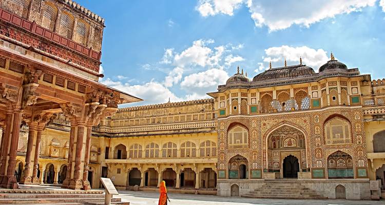Amber Fort courtyard with ornate architecture.