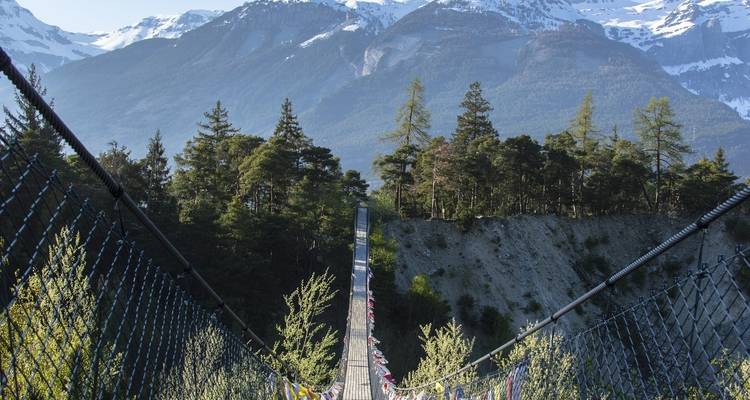 Pont suspendu au-dessus d'une gorge boisée.