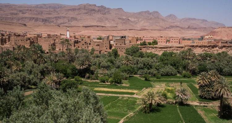 Village oasis avec verdure contrastant avec les montagnes arides.