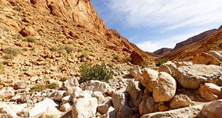 Paysage rocheux avec des pierres rouges et un ciel bleu.