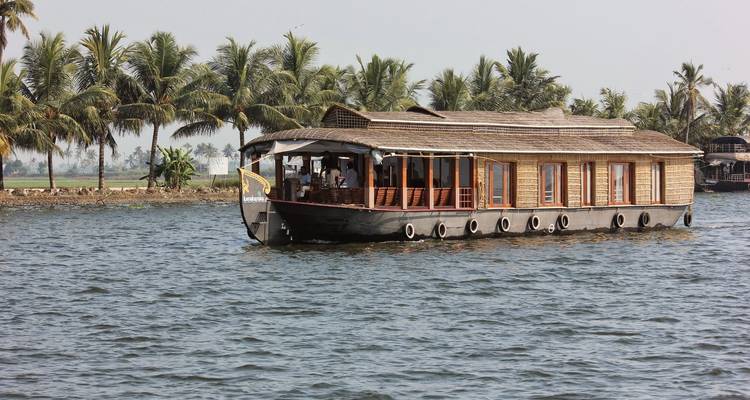 Traditionele Kerala woonboot die door de rustige binnenwateren vaart, omzoomd met palmbomen.
