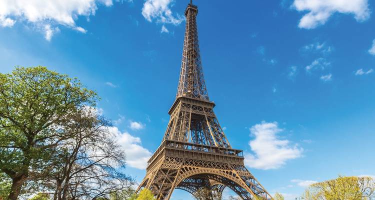 Iconic Eiffel Tower soaring against a bright blue sky with fresh spring foliage in the foreground