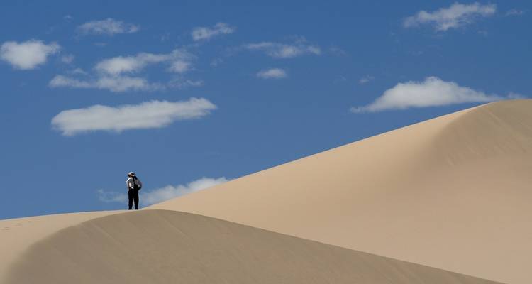 Personne debout sur une grande dune de sable sous un ciel bleu.