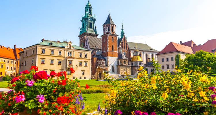 Wawel-Kathedrale und Schlossanlage in Krakau, eingerahmt von leuchtenden Blumenbeeten an einem sonnigen Morgen