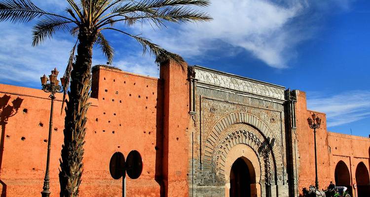 Ancient city gate with intricately decorated archway and palm trees.