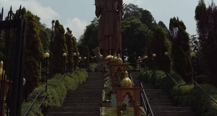 Statue of a tall figure in a park.