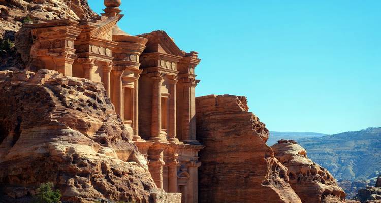 Petra Monastery against a blue sky